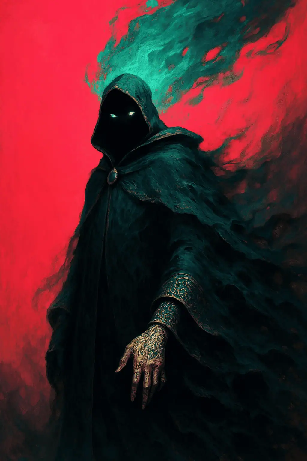 A hooded phantom crowned with emerald flame drifts through shadows, framed by a vivid, otherworldly pink sky.