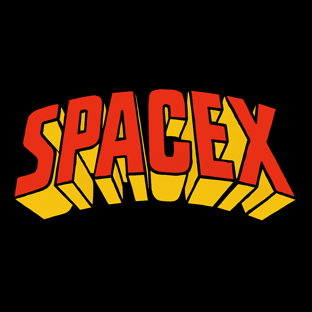 SPACEX in bold 1970s comic style—red block letters with yellow 3D extrusions, heavy black outlines, and solid black background.