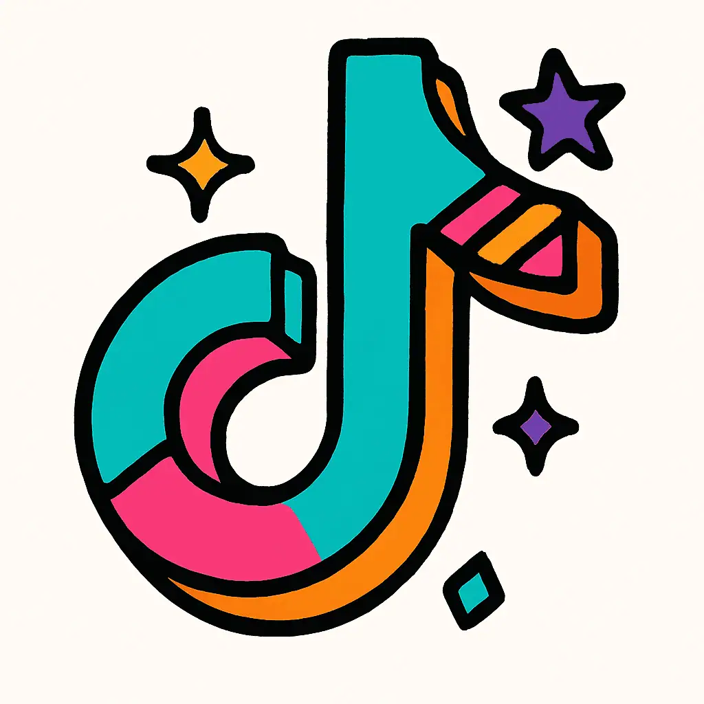 Cartoon-style TikTok logo with bold outlines, vibrant colors, starbursts, and stripes. Fun, bubbly, and vector-friendly.