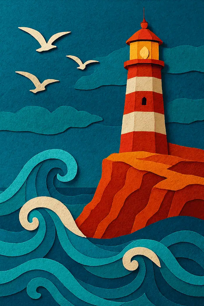 A Paper Collage Lighthouse Over the Sea