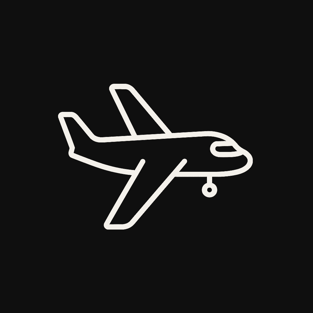 Clean white line art plane icon on black. Retro style, square format, perfect for modern minimalist design.